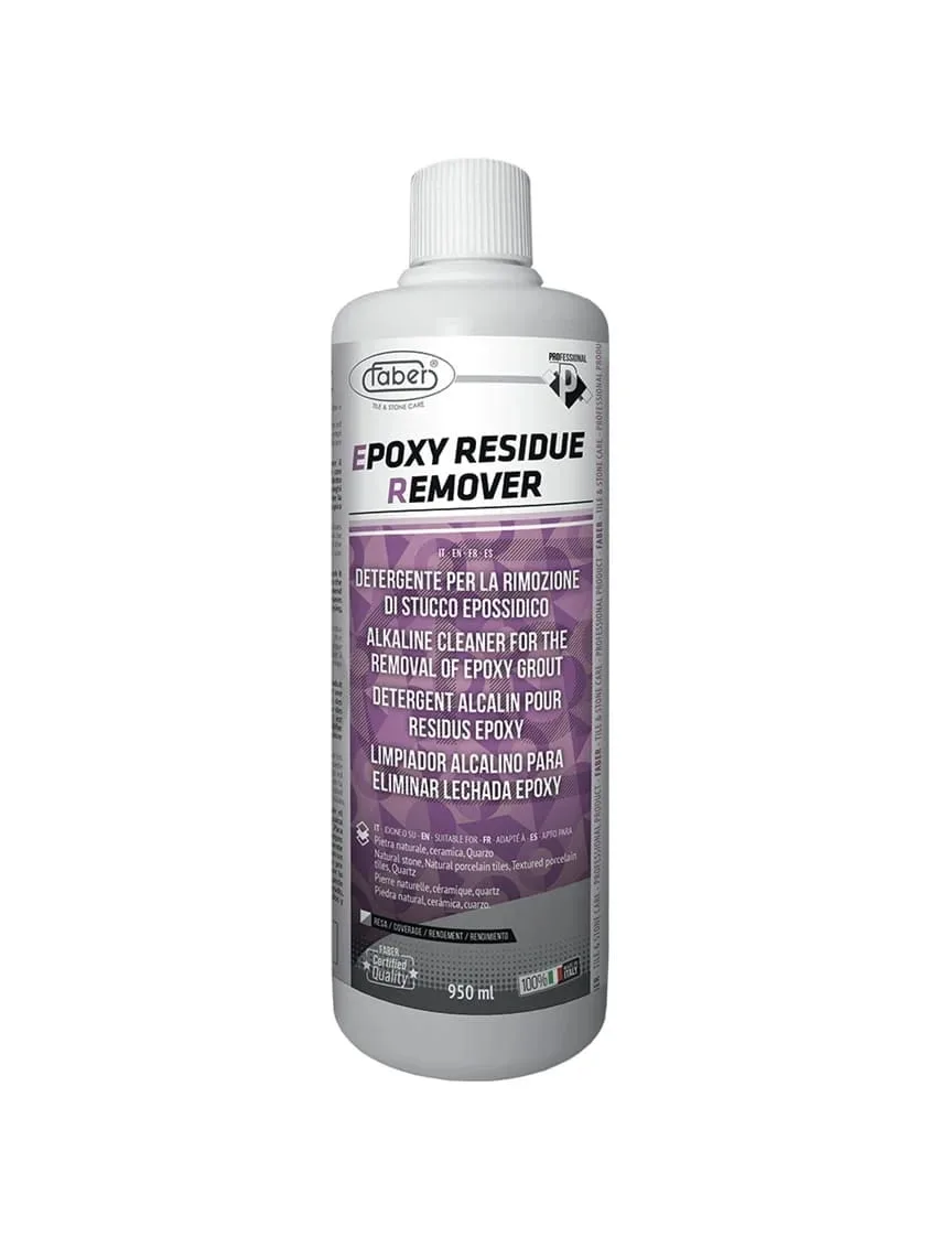 Epoxy Residue Remover bottle – alkaline cleaner that dissolves grout and epoxy films on stone, porcelain, terracotta, and ceramic surfaces.