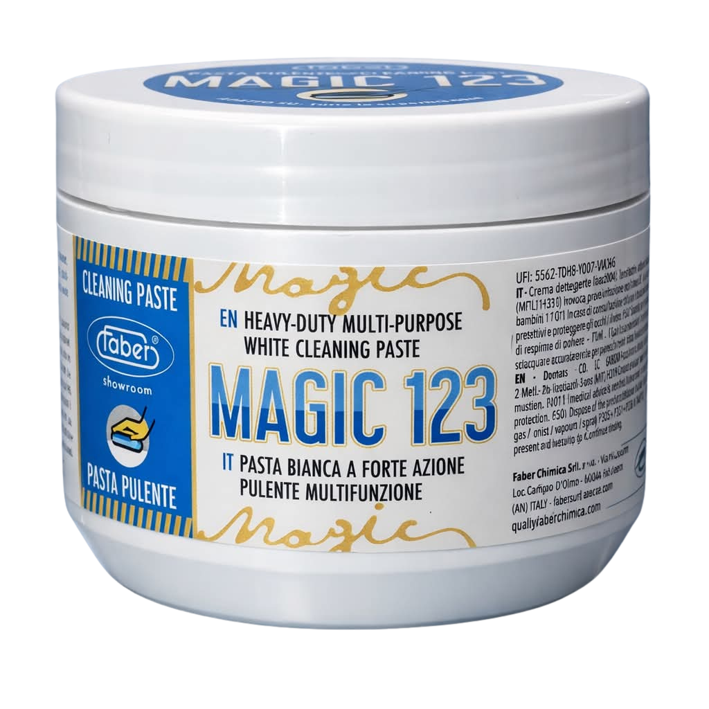 Faber Magic 123 500g multi-surface cleaning paste — near-neutral pH 6.5 professional cleaner for stone tile marble metal and glass