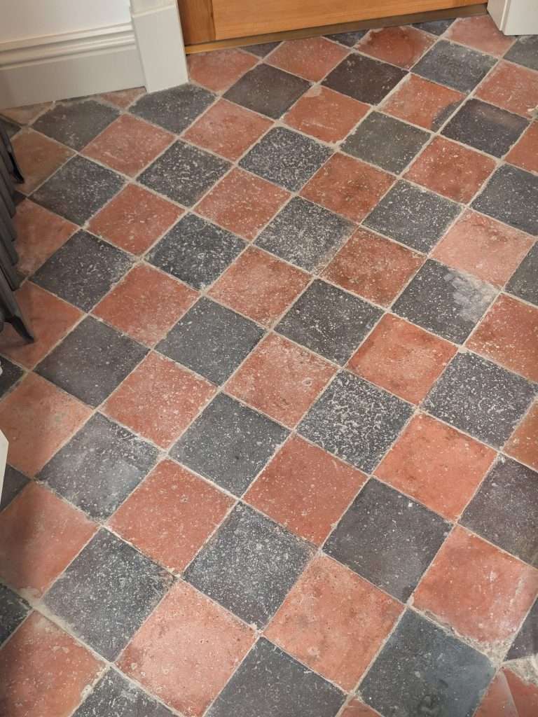 Victorian quarry tile hallway floor with cement contamination before cleaning