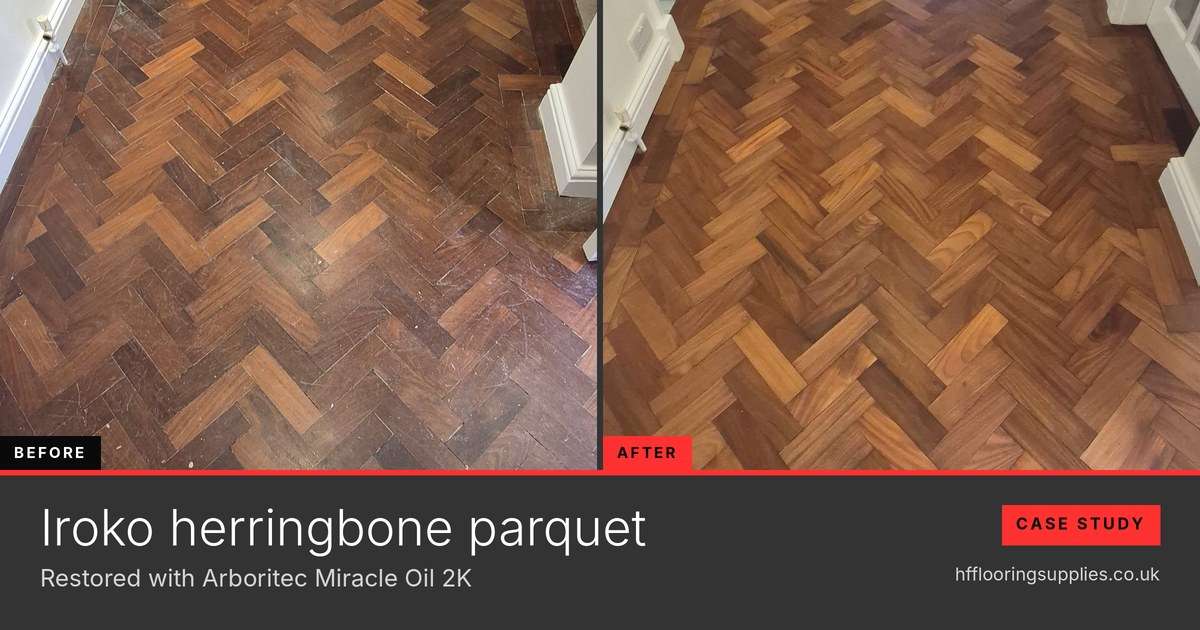 Before and after of an Iroko herringbone parquet hallway restored with Arboritec Miracle Oil 2K